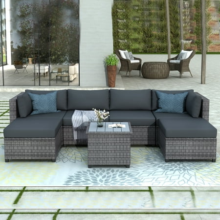 Rattan Wicker Sectional Sofa Set, Clearance 7 Piece Outdoor Patio Furniture Set, Patio Sectional Sofa w/2 Ottoman&Coffee Table, Patio Conversation Set for Backyard Lawn Poolside Garden, Gray, W10042