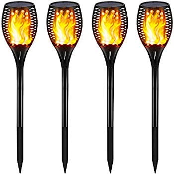 Solar Lights Outdoor - Flickering Flames Torch Solar Path Light - Dancing Flame Lighting 96 Led Dusk to Dawn Flickering Tiki Torches Outdoor Waterproof Garden (4 Pack Torch TI)